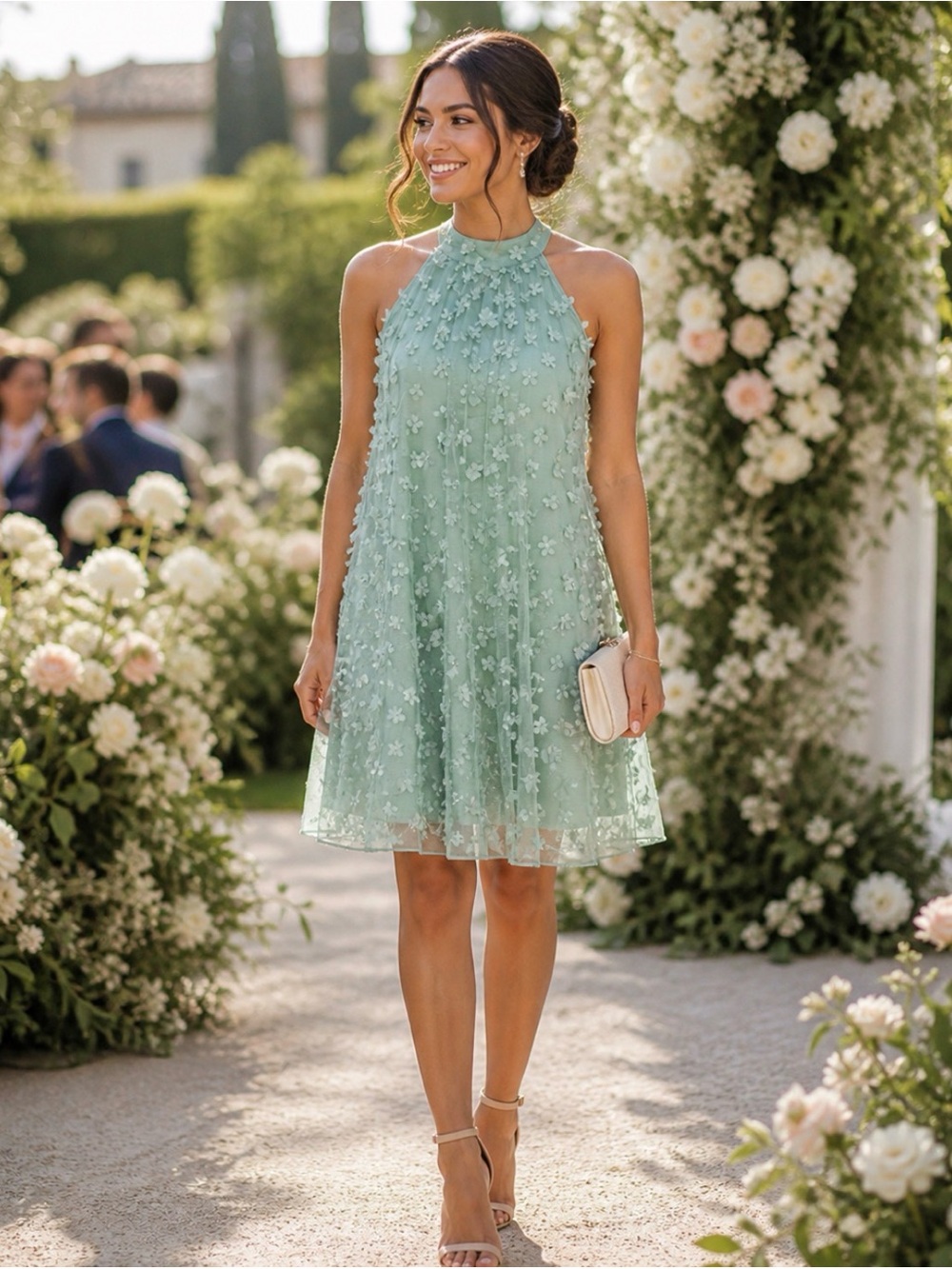 Easel Sage Green Halter Floral Appliqué Mini Dress